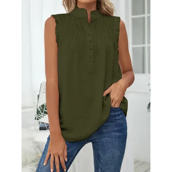 Pleated Solid Color Loose Sleeveless Stand Collar Vest Top Pleated Solid Color Loose Sleeveless Stand Collar Vest Top