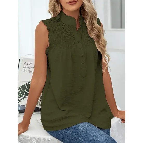 Pleated Solid Color Loose Sleeveless Stand Collar Vest Top Pleated Solid Color Loose Sleeveless Stand Collar Vest Top