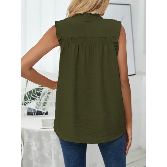 Pleated Solid Color Loose Sleeveless Stand Collar Vest Top Pleated Solid Color Loose Sleeveless Stand Collar Vest Top
