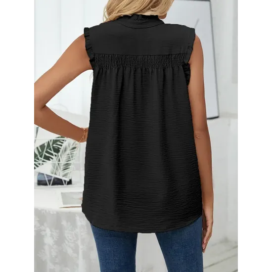 Pleated Solid Color Loose Sleeveless Stand Collar Vest Top Pleated Solid Color Loose Sleeveless Stand Collar Vest Top
