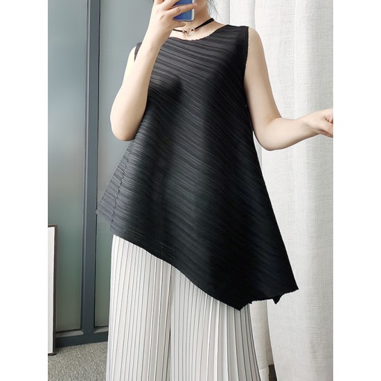 Pleated Solid Color Irregular Clipping Loose Round-Neck Vest Top Pleated Solid Color Irregular Clipping Loose Round-Neck Vest Top