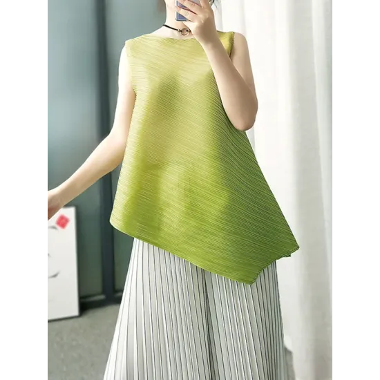Pleated Solid Color Irregular Clipping Loose Round-Neck Vest Top Pleated Solid Color Irregular Clipping Loose Round-Neck Vest Top