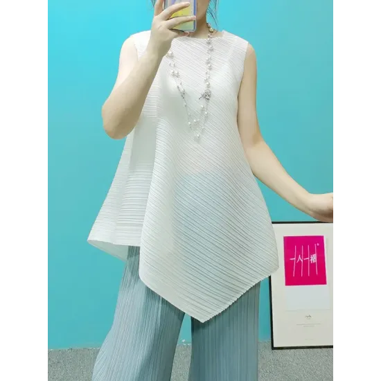 Pleated Solid Color Irregular Clipping Loose Round-Neck Vest Top Pleated Solid Color Irregular Clipping Loose Round-Neck Vest Top
