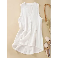 Buttoned Solid Color Loose Sleeveless V-neck Vest Top