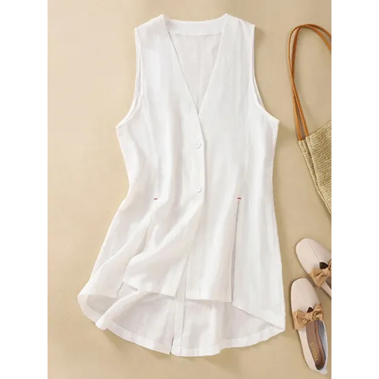Buttoned Solid Color Loose Sleeveless V-neck Vest Top Buttoned Solid Color Loose Sleeveless V-neck Vest Top