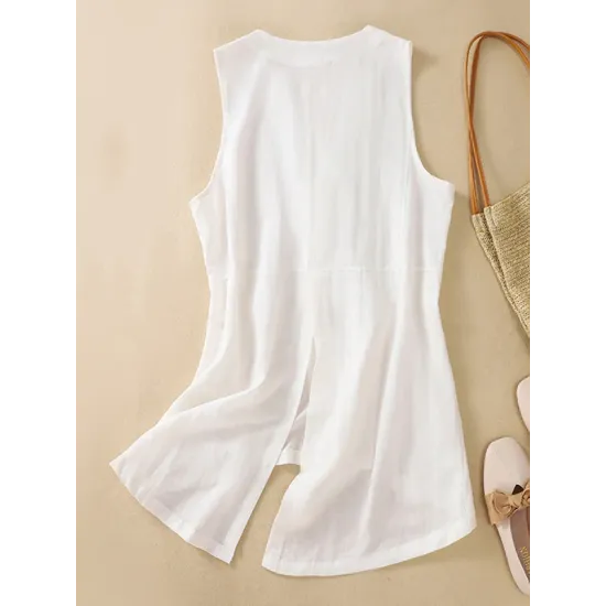 Buttoned Solid Color Loose Sleeveless V-neck Vest Top Buttoned Solid Color Loose Sleeveless V-neck Vest Top
