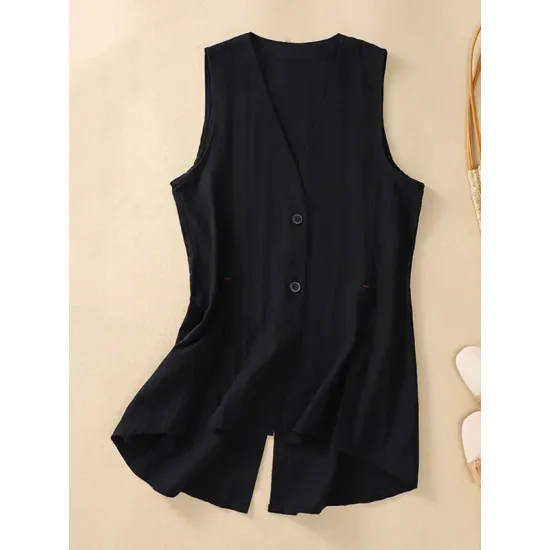 Buttoned Solid Color Loose Sleeveless V-neck Vest Top Buttoned Solid Color Loose Sleeveless V-neck Vest Top