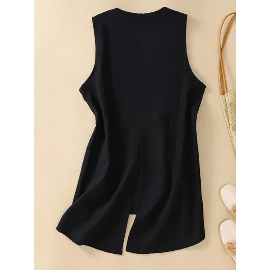 Buttoned Solid Color Loose Sleeveless V-neck Vest Top Buttoned Solid Color Loose Sleeveless V-neck Vest Top