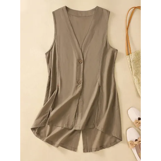 Buttoned Solid Color Loose Sleeveless V-neck Vest Top Buttoned Solid Color Loose Sleeveless V-neck Vest Top