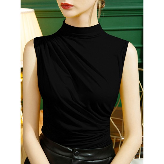 Pleated Solid Color Skinny Sleeveless Half Turtleneck Vest Top Pleated Solid Color Skinny Sleeveless Half Turtleneck Vest Top