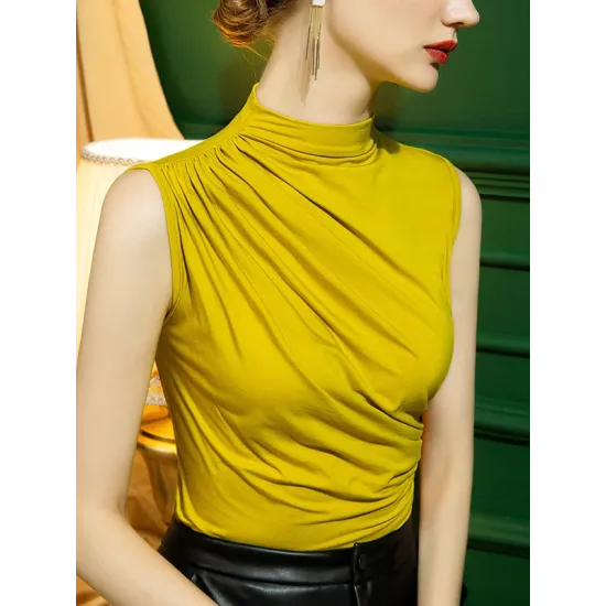Pleated Solid Color Skinny Sleeveless Half Turtleneck Vest Top Pleated Solid Color Skinny Sleeveless Half Turtleneck Vest Top
