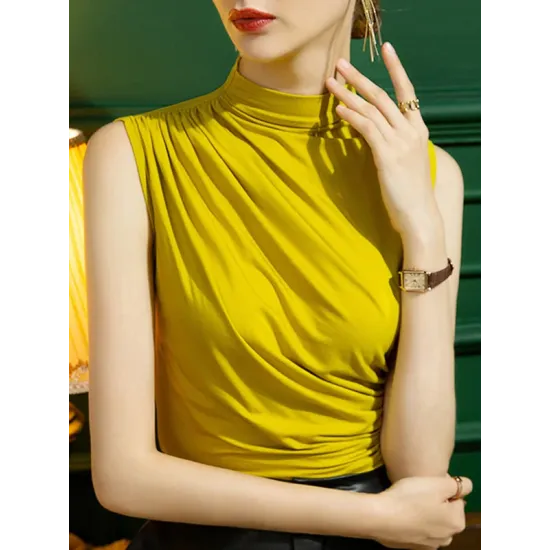 Pleated Solid Color Skinny Sleeveless Half Turtleneck Vest Top Pleated Solid Color Skinny Sleeveless Half Turtleneck Vest Top