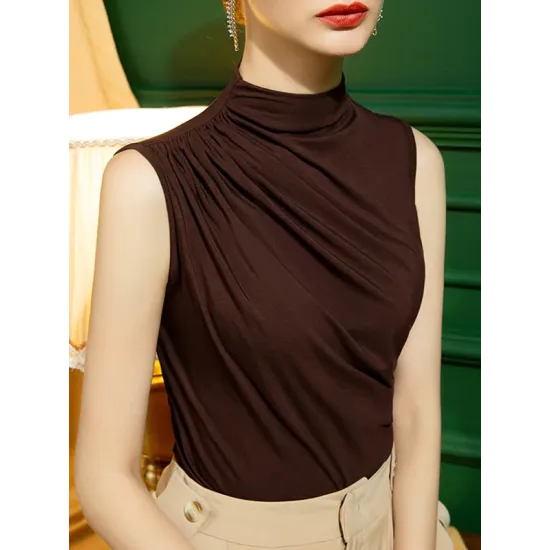 Pleated Solid Color Skinny Sleeveless Half Turtleneck Vest Top Pleated Solid Color Skinny Sleeveless Half Turtleneck Vest Top