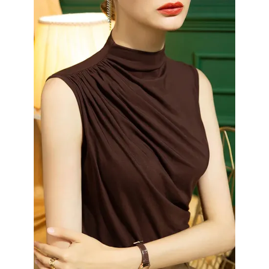 Pleated Solid Color Skinny Sleeveless Half Turtleneck Vest Top Pleated Solid Color Skinny Sleeveless Half Turtleneck Vest Top