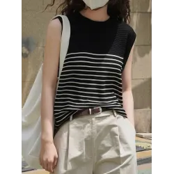 Striped Loose Sleeveless Round-neck Vest Top