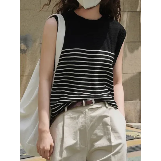 Striped Loose Sleeveless Round-neck Vest Top Striped Loose Sleeveless Round-neck Vest Top