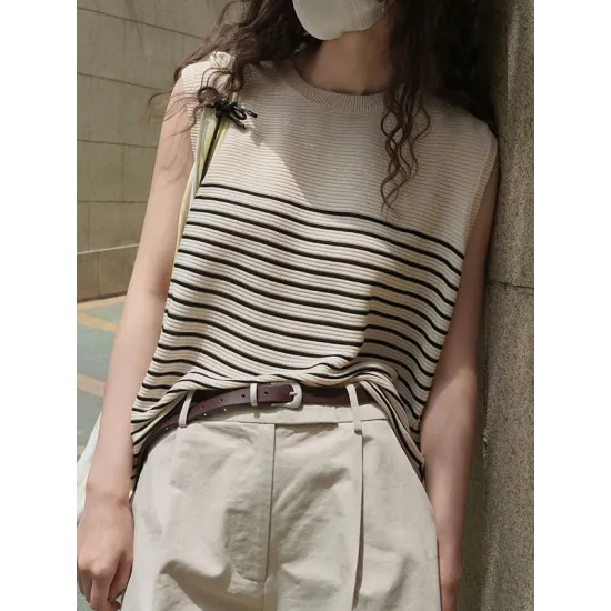Striped Loose Sleeveless Round-neck Vest Top Striped Loose Sleeveless Round-neck Vest Top
