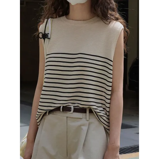 Striped Loose Sleeveless Round-neck Vest Top Striped Loose Sleeveless Round-neck Vest Top