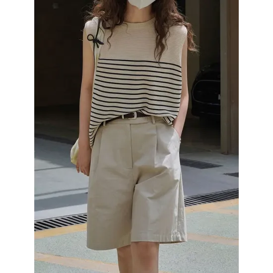 Striped Loose Sleeveless Round-neck Vest Top Striped Loose Sleeveless Round-neck Vest Top
