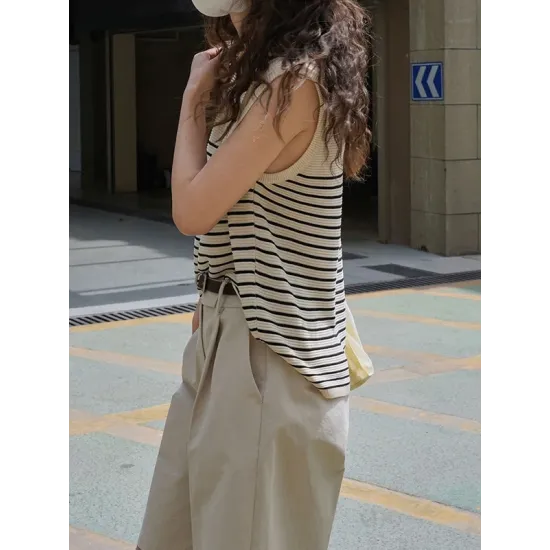 Striped Loose Sleeveless Round-neck Vest Top Striped Loose Sleeveless Round-neck Vest Top