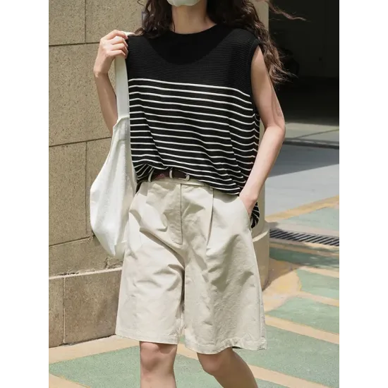 Striped Loose Sleeveless Round-neck Vest Top Striped Loose Sleeveless Round-neck Vest Top