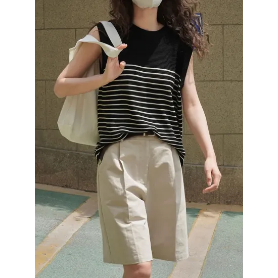 Striped Loose Sleeveless Round-neck Vest Top Striped Loose Sleeveless Round-neck Vest Top