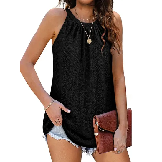 Hollow Solid Color Loose Sleeveless Round-Neck Vest Top Hollow Solid Color Loose Sleeveless Round-Neck Vest Top