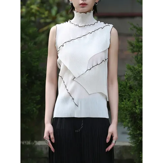 Asymmetric Color-Block Pleated Split-Joint Skinny Sleeveless High-Neck Vest Top Asymmetric Color-Block Pleated Split-Joint Skinny Sleeveless High-Neck Vest Top