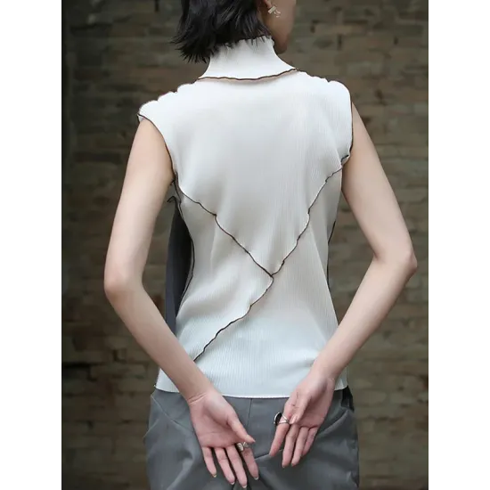 Asymmetric Color-Block Pleated Split-Joint Skinny Sleeveless High-Neck Vest Top Asymmetric Color-Block Pleated Split-Joint Skinny Sleeveless High-Neck Vest Top