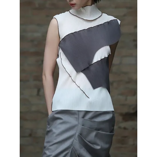 Asymmetric Color-Block Pleated Split-Joint Skinny Sleeveless High-Neck Vest Top Asymmetric Color-Block Pleated Split-Joint Skinny Sleeveless High-Neck Vest Top