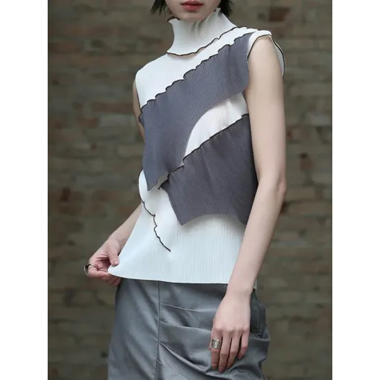 Asymmetric Color-Block Pleated Split-Joint Skinny Sleeveless High-Neck Vest Top Asymmetric Color-Block Pleated Split-Joint Skinny Sleeveless High-Neck Vest Top