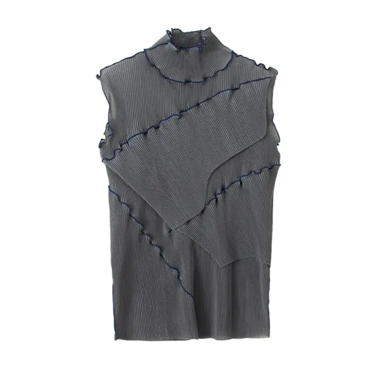 Asymmetric Color-Block Pleated Split-Joint Skinny Sleeveless High-Neck Vest Top Asymmetric Color-Block Pleated Split-Joint Skinny Sleeveless High-Neck Vest Top