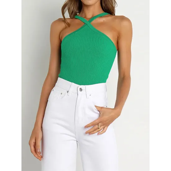 Solid Color Skinny Sleeveless Halter-Neck Vest Top Solid Color Skinny Sleeveless Halter-Neck Vest Top