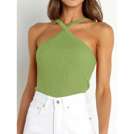 Solid Color Skinny Sleeveless Halter-Neck Vest Top Solid Color Skinny Sleeveless Halter-Neck Vest Top