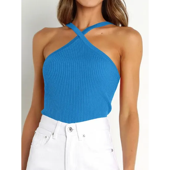 Solid Color Skinny Sleeveless Halter-Neck Vest Top Solid Color Skinny Sleeveless Halter-Neck Vest Top