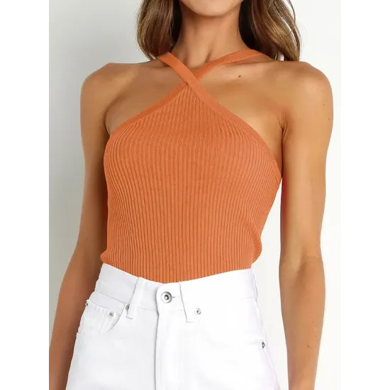 Solid Color Skinny Sleeveless Halter-Neck Vest Top Solid Color Skinny Sleeveless Halter-Neck Vest Top