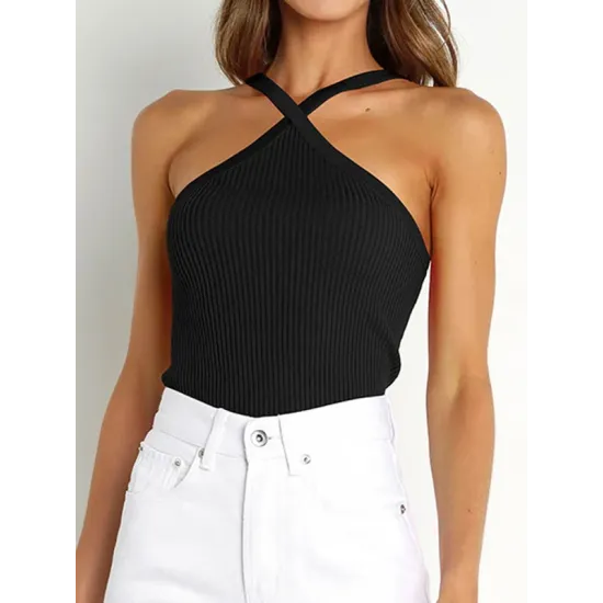 Solid Color Skinny Sleeveless Halter-Neck Vest Top Solid Color Skinny Sleeveless Halter-Neck Vest Top