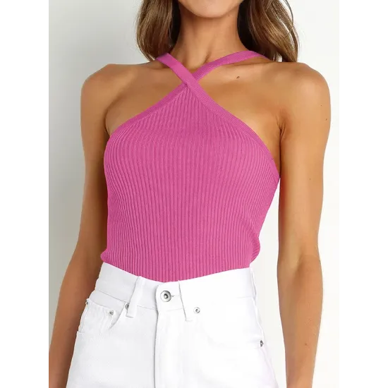 Solid Color Skinny Sleeveless Halter-Neck Vest Top Solid Color Skinny Sleeveless Halter-Neck Vest Top