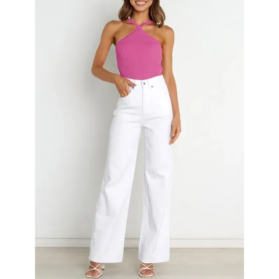 Solid Color Skinny Sleeveless Halter-Neck Vest Top Solid Color Skinny Sleeveless Halter-Neck Vest Top