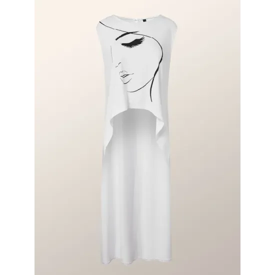 Figure Printed High-Low Sleeveless Round-Neck Vest Top Figure Printed High-Low Sleeveless Round-Neck Vest Top
