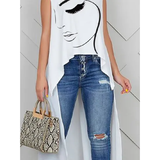 Figure Printed High-Low Sleeveless Round-Neck Vest Top Figure Printed High-Low Sleeveless Round-Neck Vest Top