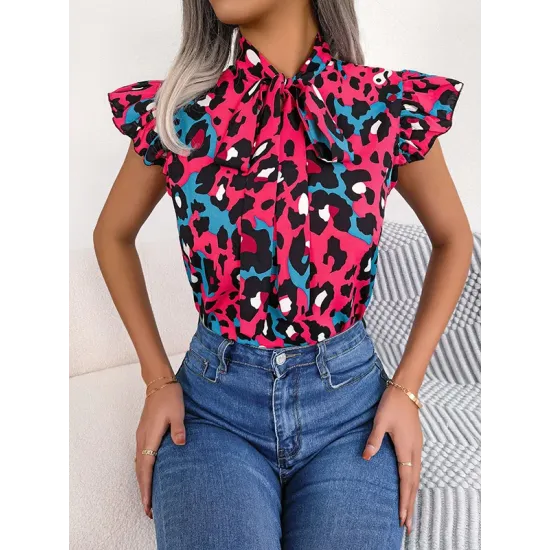 Leopard Cap Sleeve Loose Statement Collar Vest Top Leopard Cap Sleeve Loose Statement Collar Vest Top