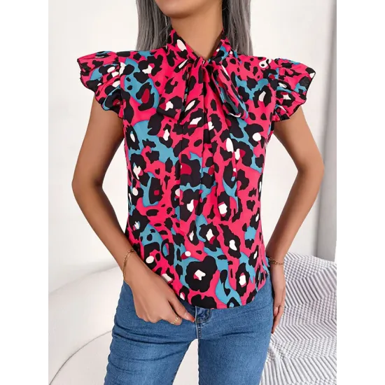 Leopard Cap Sleeve Loose Statement Collar Vest Top Leopard Cap Sleeve Loose Statement Collar Vest Top