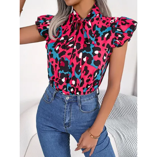 Leopard Cap Sleeve Loose Statement Collar Vest Top Leopard Cap Sleeve Loose Statement Collar Vest Top