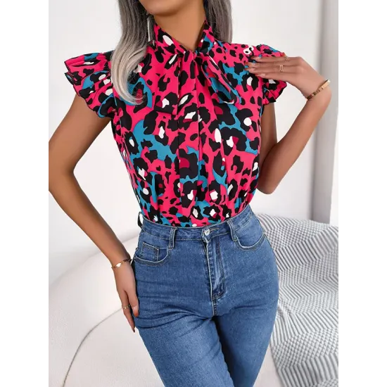 Leopard Cap Sleeve Loose Statement Collar Vest Top Leopard Cap Sleeve Loose Statement Collar Vest Top