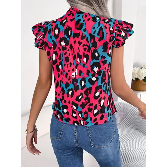 Leopard Cap Sleeve Loose Statement Collar Vest Top Leopard Cap Sleeve Loose Statement Collar Vest Top