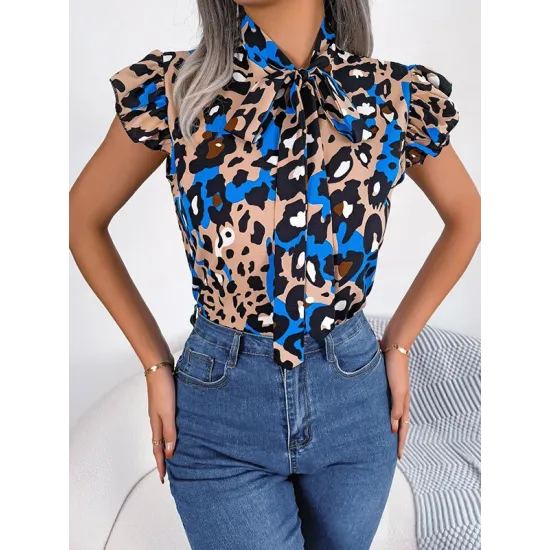 Leopard Cap Sleeve Loose Statement Collar Vest Top Leopard Cap Sleeve Loose Statement Collar Vest Top