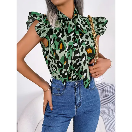 Leopard Cap Sleeve Loose Statement Collar Vest Top Leopard Cap Sleeve Loose Statement Collar Vest Top