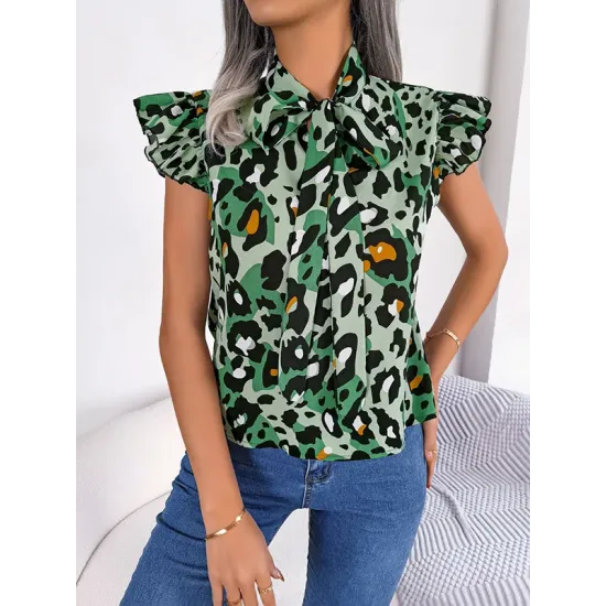 Leopard Cap Sleeve Loose Statement Collar Vest Top Leopard Cap Sleeve Loose Statement Collar Vest Top