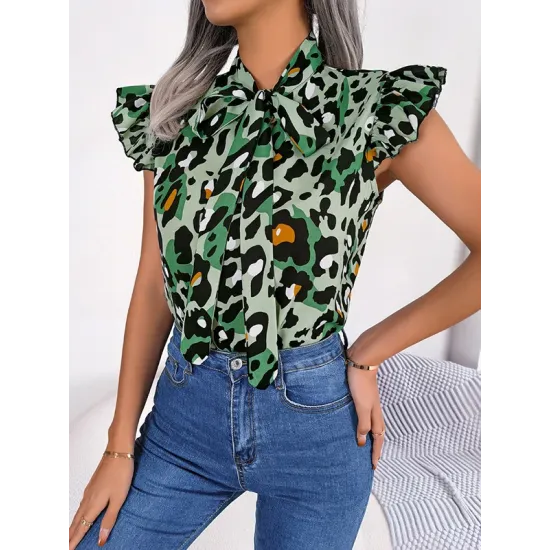 Leopard Cap Sleeve Loose Statement Collar Vest Top Leopard Cap Sleeve Loose Statement Collar Vest Top